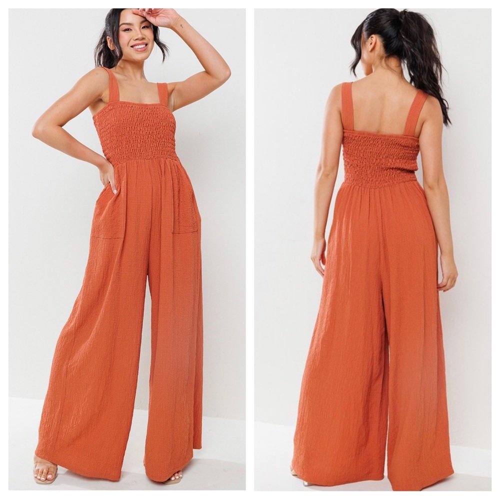 Fabulous Smocked Straight Neck Wide Leg Jumpsuit - Picture 3 of 4